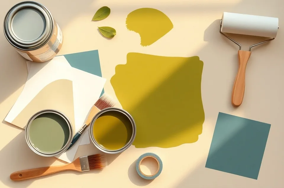 Pots de peinture, nuancier, brosses et rouleaux disposés à plat