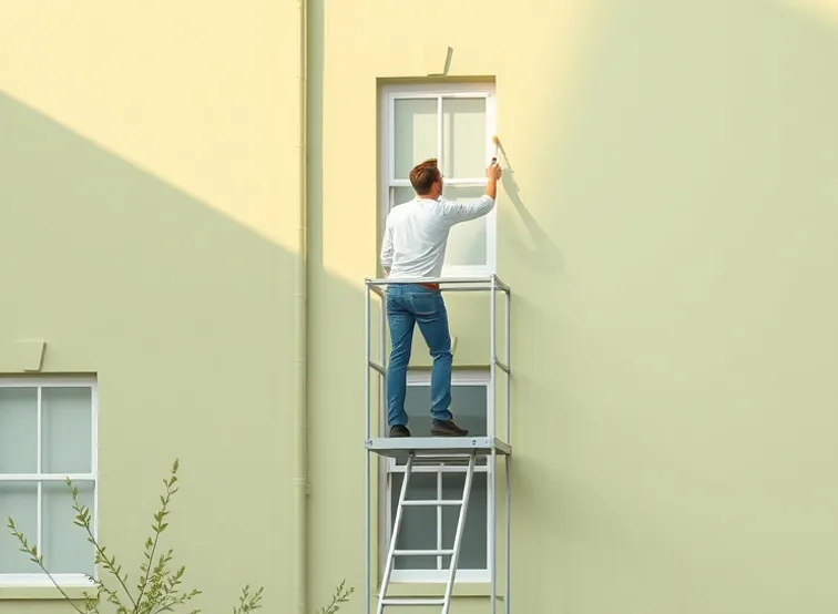 Peintre sur échafaudage traitant la façade d'une maison