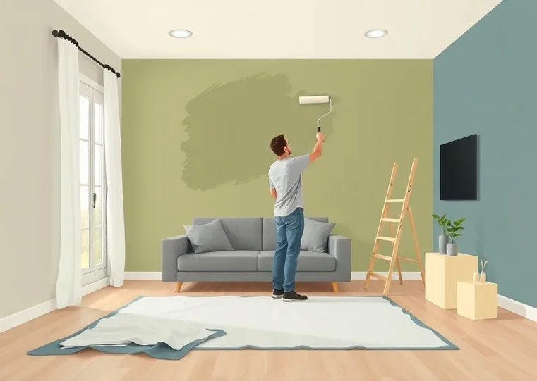 Peintre appliquant la peinture au rouleau sur un mur de salon
